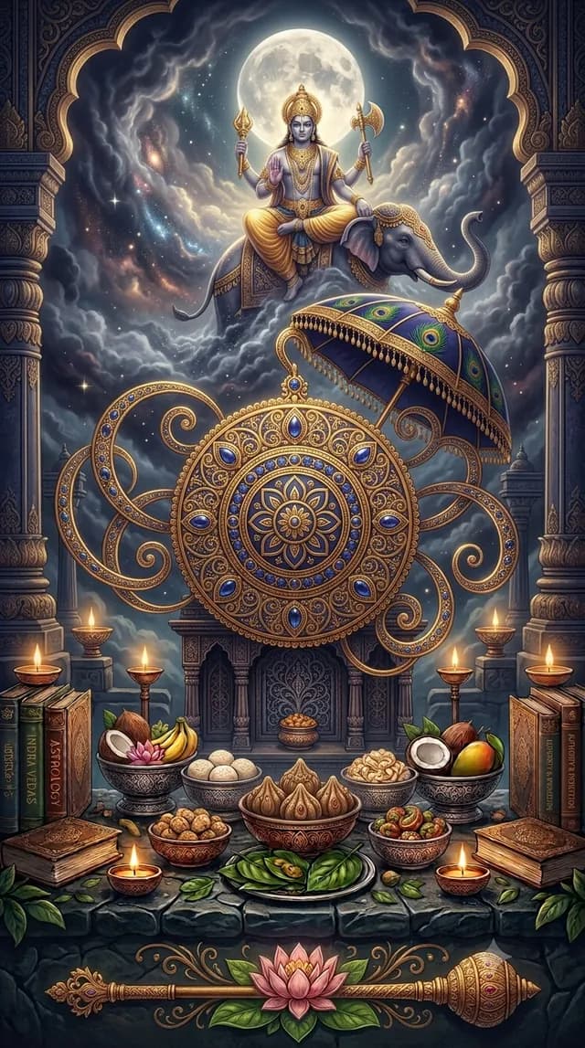 Jyeshtha nakshatra — Indra (king of the gods), symbolised by a circular amulet, umbrella, or earring