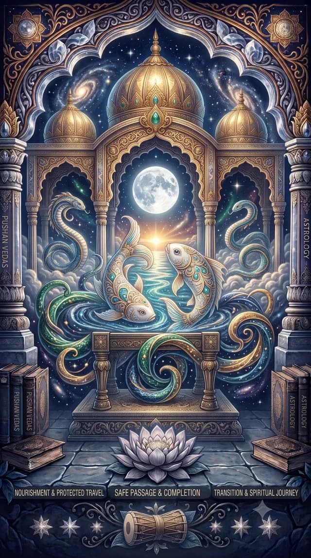 Revati nakshatra — Pushan (the nourisher and guide of journeys), symbolised by a fish, or a drum